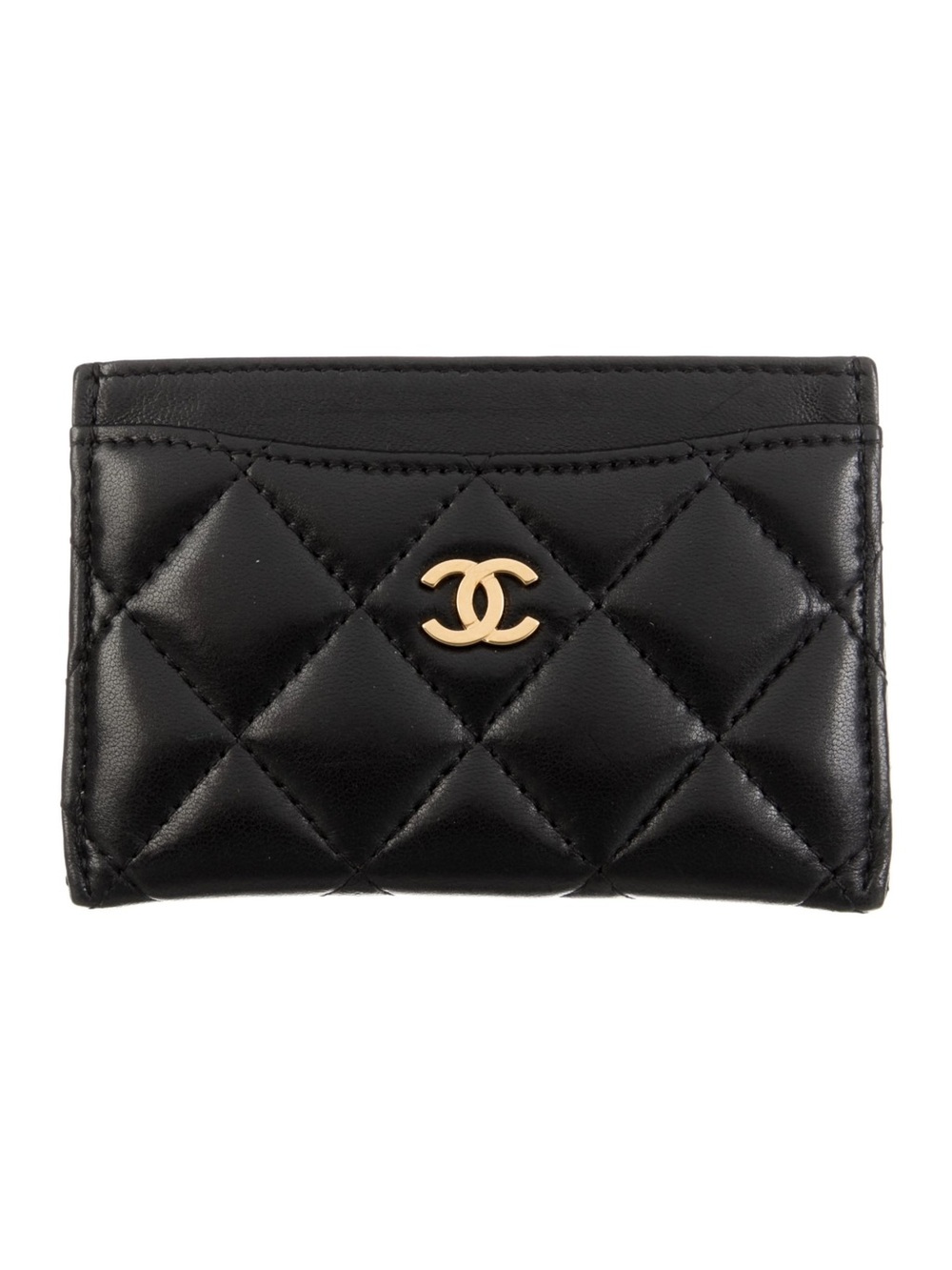 CC Black Quilted Calfskin Card Holder with Gold CC Logo